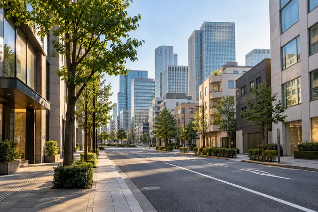 朝の自然光が差し込む東京のビジネス街を表した写真風イメージ